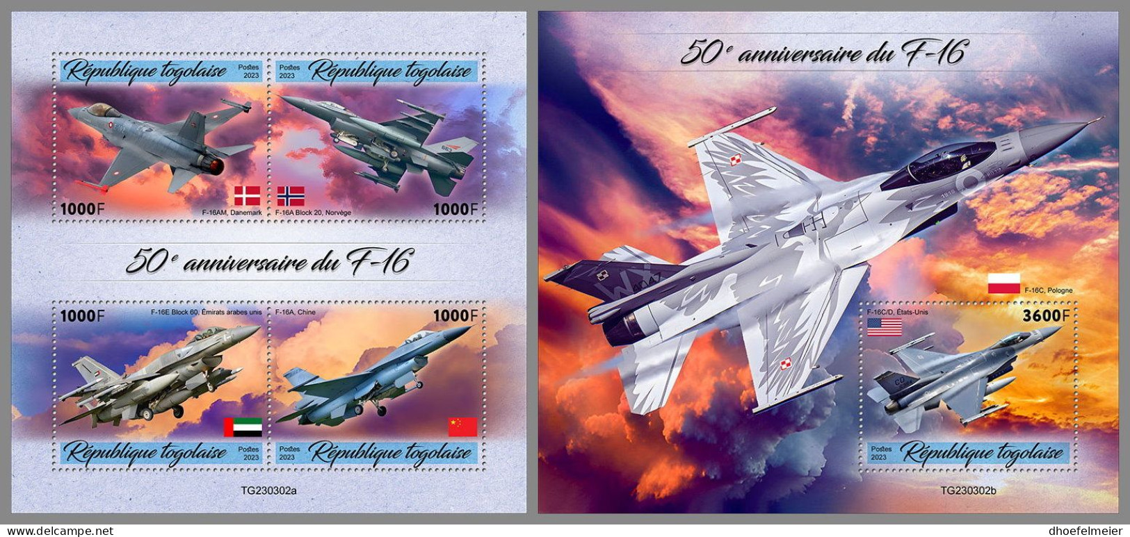 TOGO 2023 MNH F-16 Airplanes Flugzeuge M/S+S/S – IMPERFORATED – DHQ2418 - Flugzeuge