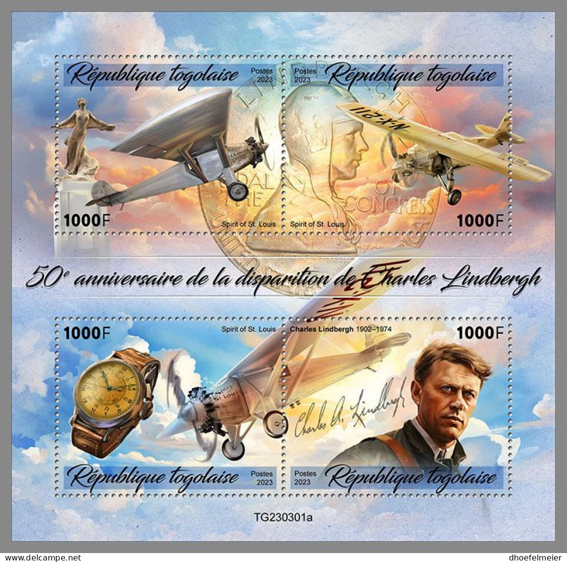 TOGO 2023 MNH Charles Lindbergh Airplanes Flugzeuge M/S – IMPERFORATED – DHQ2418 - Vliegtuigen