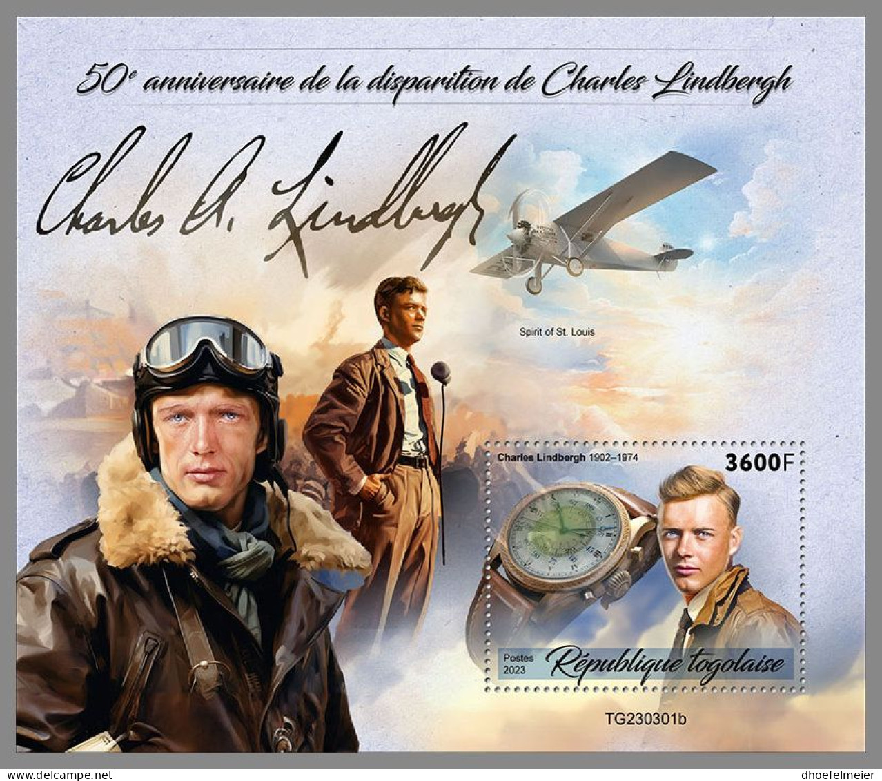 TOGO 2023 MNH Charles Lindbergh Airplanes Flugzeuge S/S – IMPERFORATED – DHQ2418 - Vliegtuigen