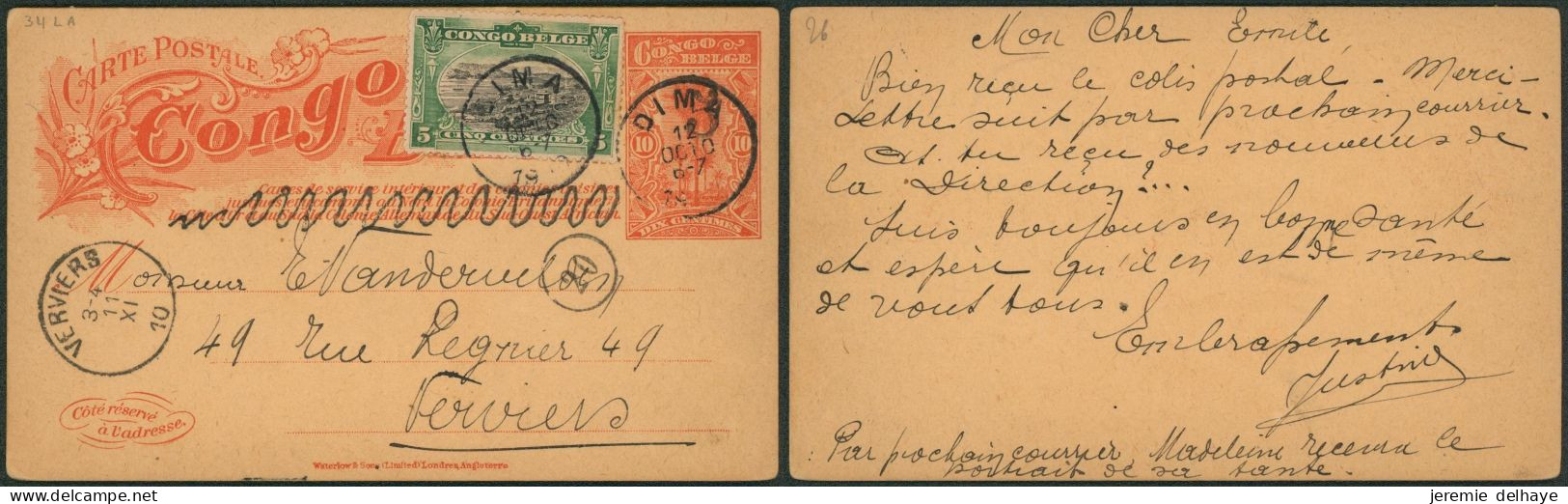 Congo Belge - EP Au Type N°34La (SBEP) + N°16 Expédié De Dima (1910) > Verviers - Entiers Postaux