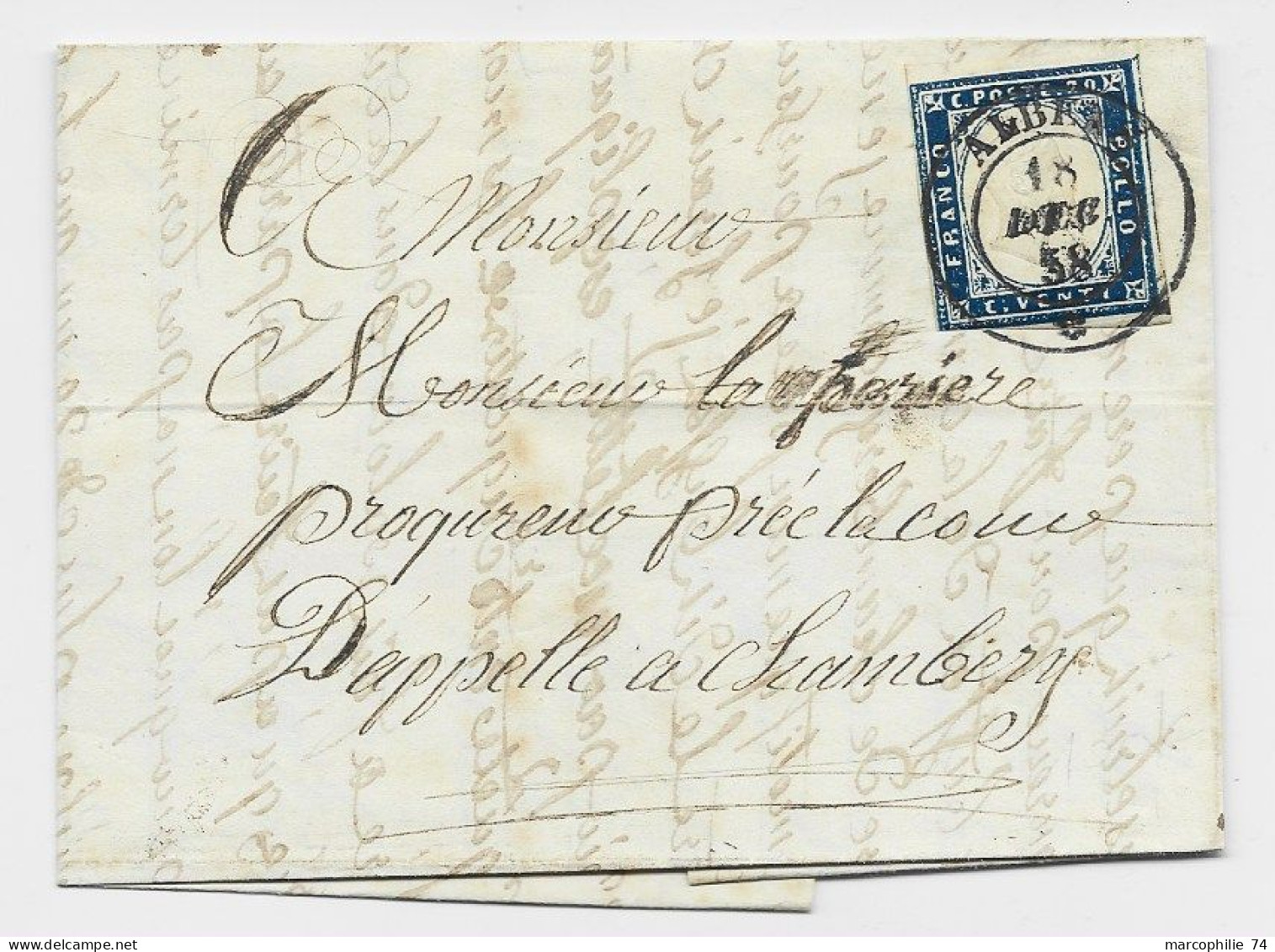 SARDE SARDEGNA 20C BLEU FONCE TOUCHE PETIT BDF LETTRE COVER LETTERA ALBENS 1858 SAVOIE ECRITE ST GIROD - Sardinië