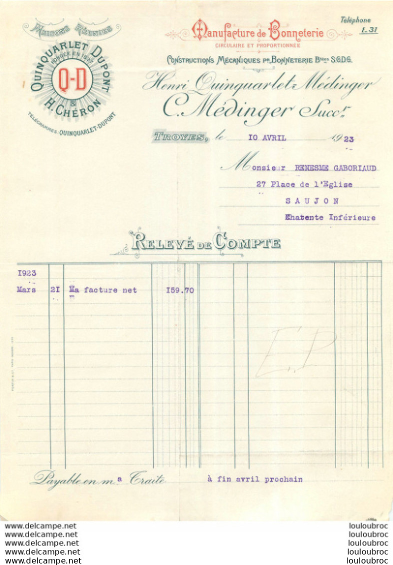 FACTURE 1923 QUINQUARLET DUPONT  MANUFACTURE DE BONNETERIE A TROYES - 1900 – 1949