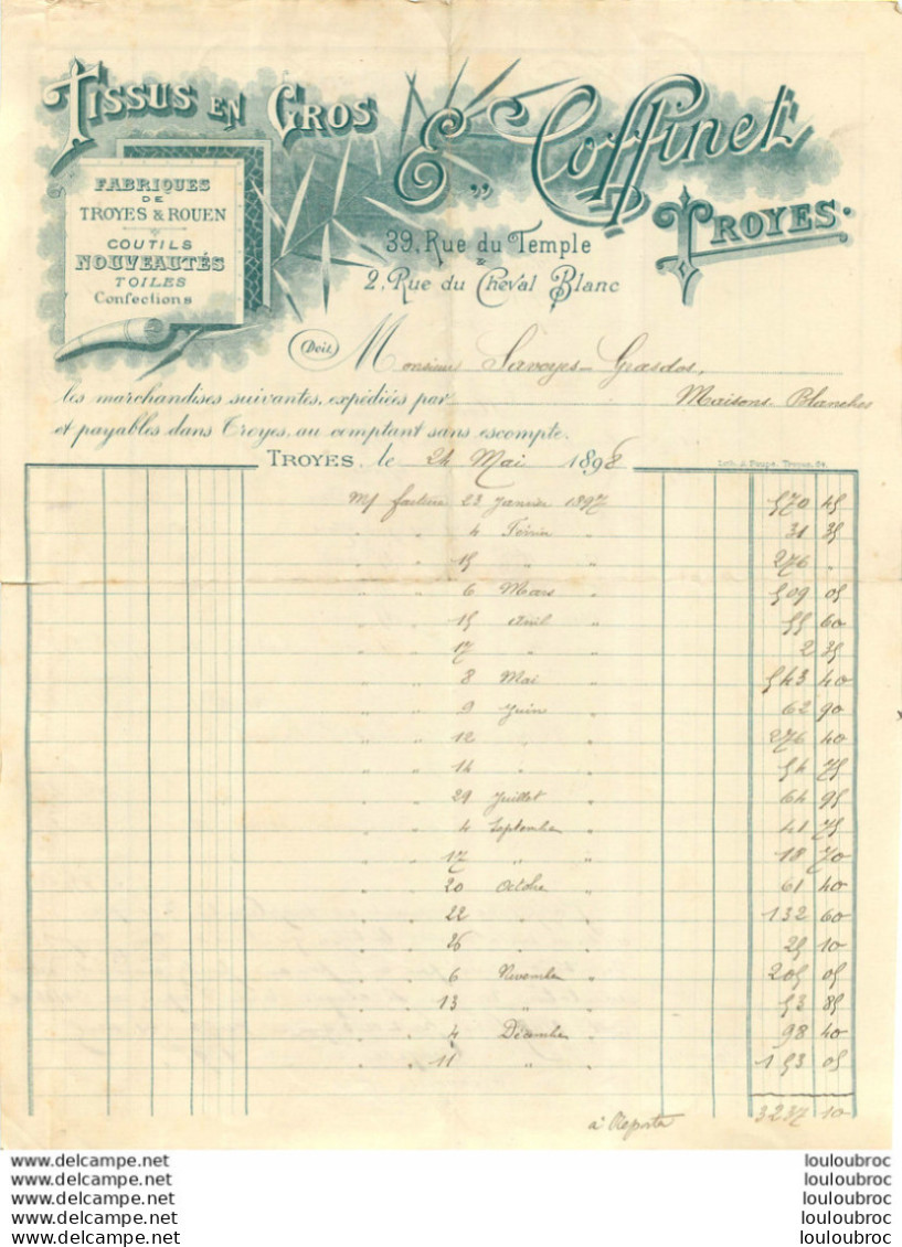 FACTURE  E.  COFFINET TROYES 1898 TISSUS EN GROS - 1800 – 1899