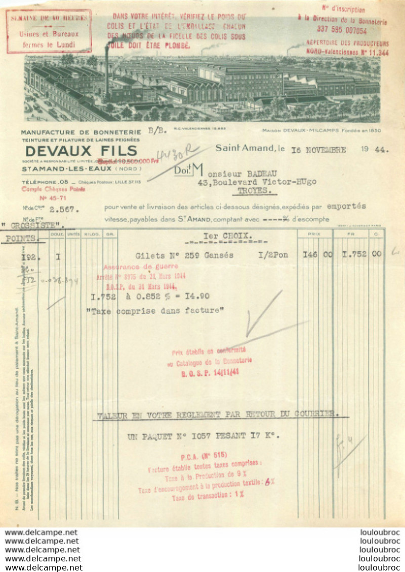 FACTURE DEVAUX FILS SAINT AMAND LES EAUX  1944 MANUFACTURE DE BONNETERIE - 1900 – 1949