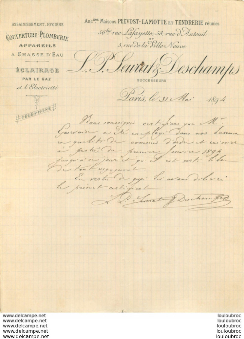 ENTREPRISE SEURAT ET DESCHAMPS  PLOMBERIE A PARIS 1894 CERTIFICAT DE TRAVAIL - 1800 – 1899