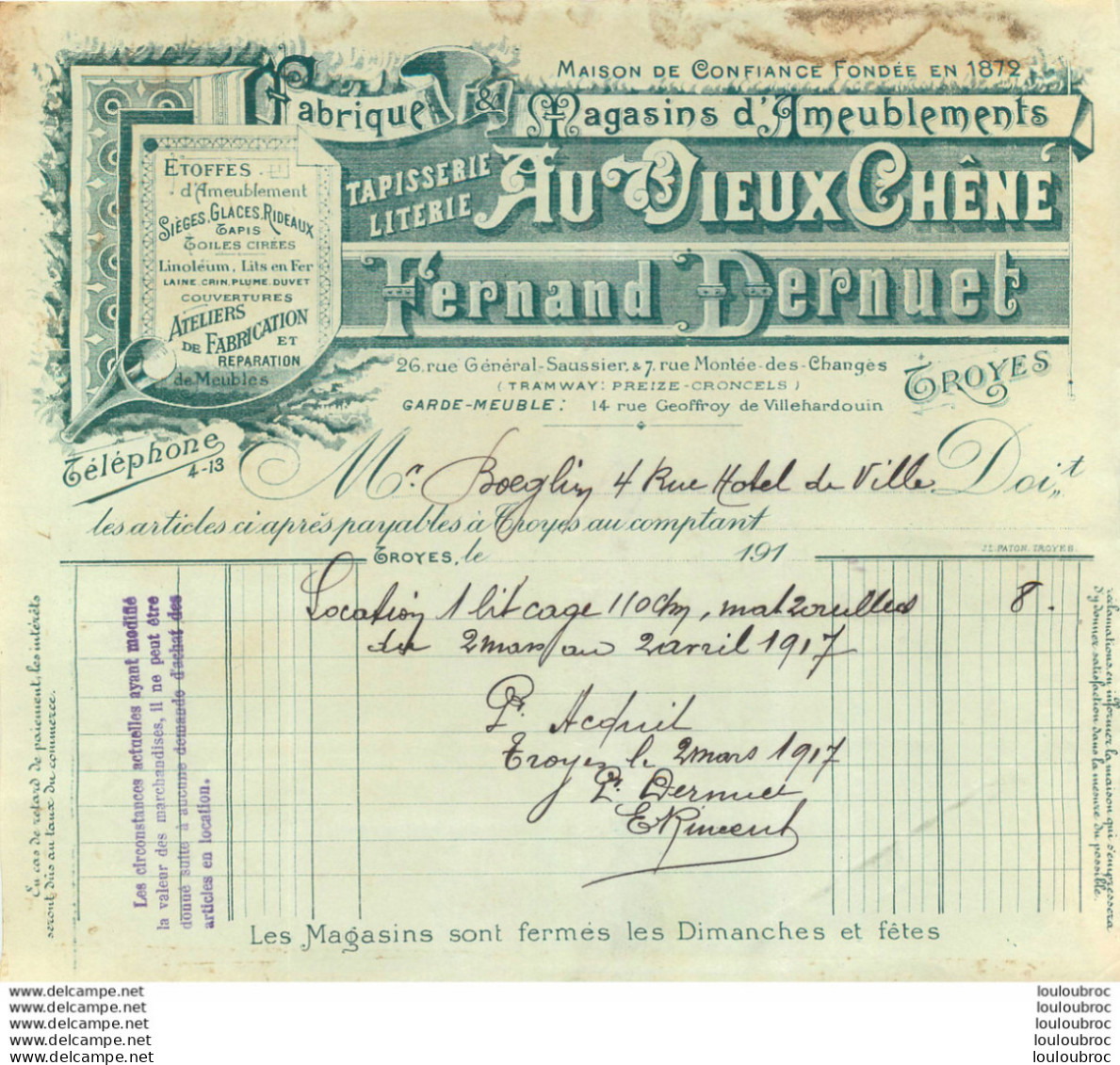 FACTURE  AU VIEUX CHENE FERNAND DERNUET TROYES 1917 MAGASINS D'AMEUBLEMENTS - 1900 – 1949