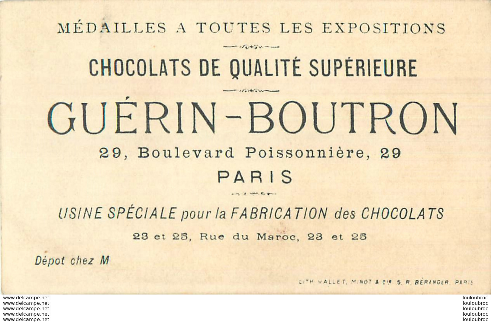 CHROMO DOREE CHOCOLATS GUERIN BOUTRON LITH VALLET MINOT CHEZ LE PATISSIER - Guerin Boutron