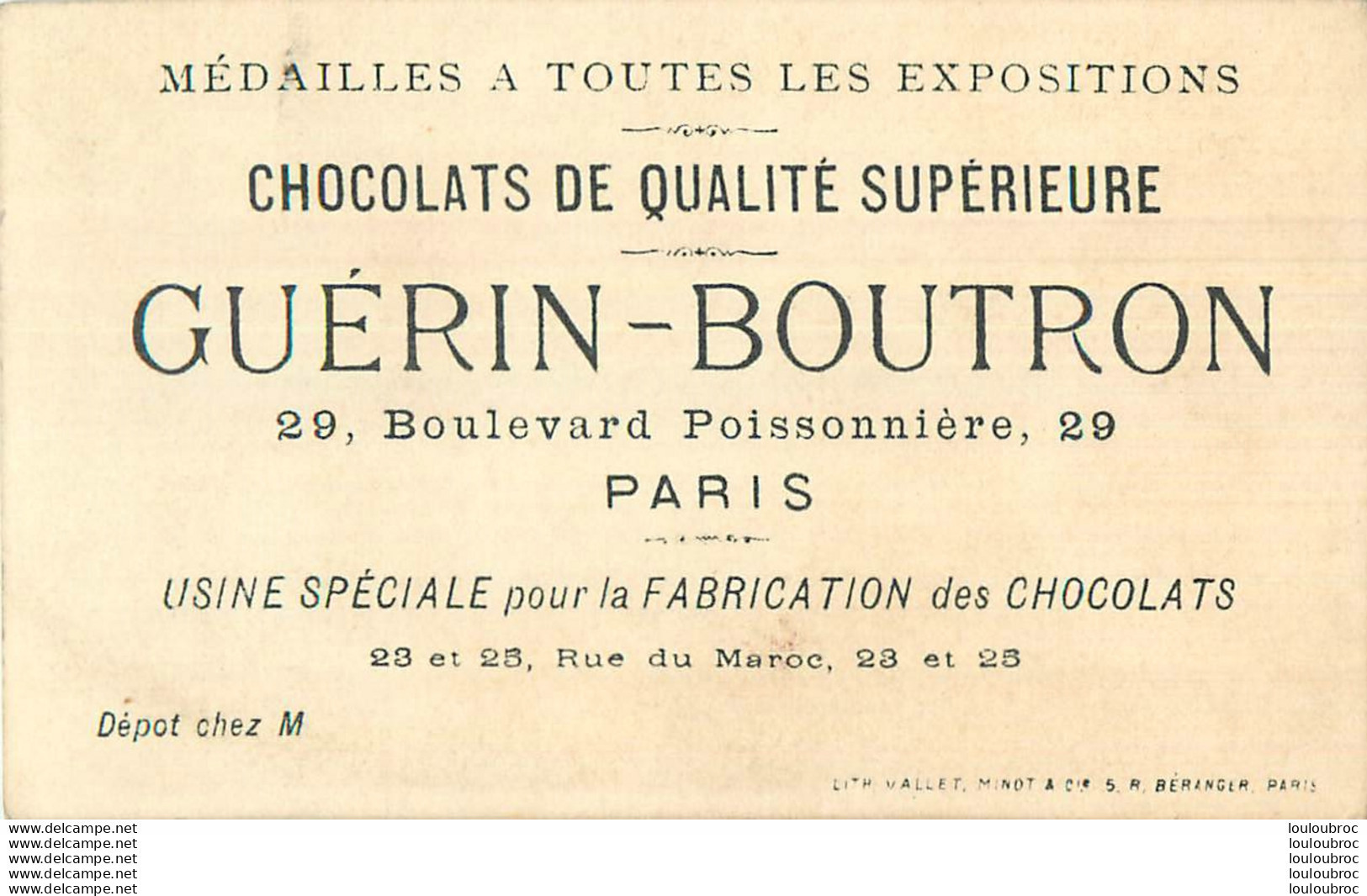 CHROMO DOREE CHOCOLATS GUERIN BOUTRON LITH VALLET MINOT CHEZ LE PATISSIER - Guérin-Boutron