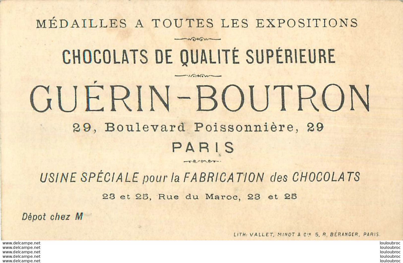 CHROMO DOREE CHOCOLATS GUERIN BOUTRON LITH VALLET MINOT LA TOILETTE - Guérin-Boutron