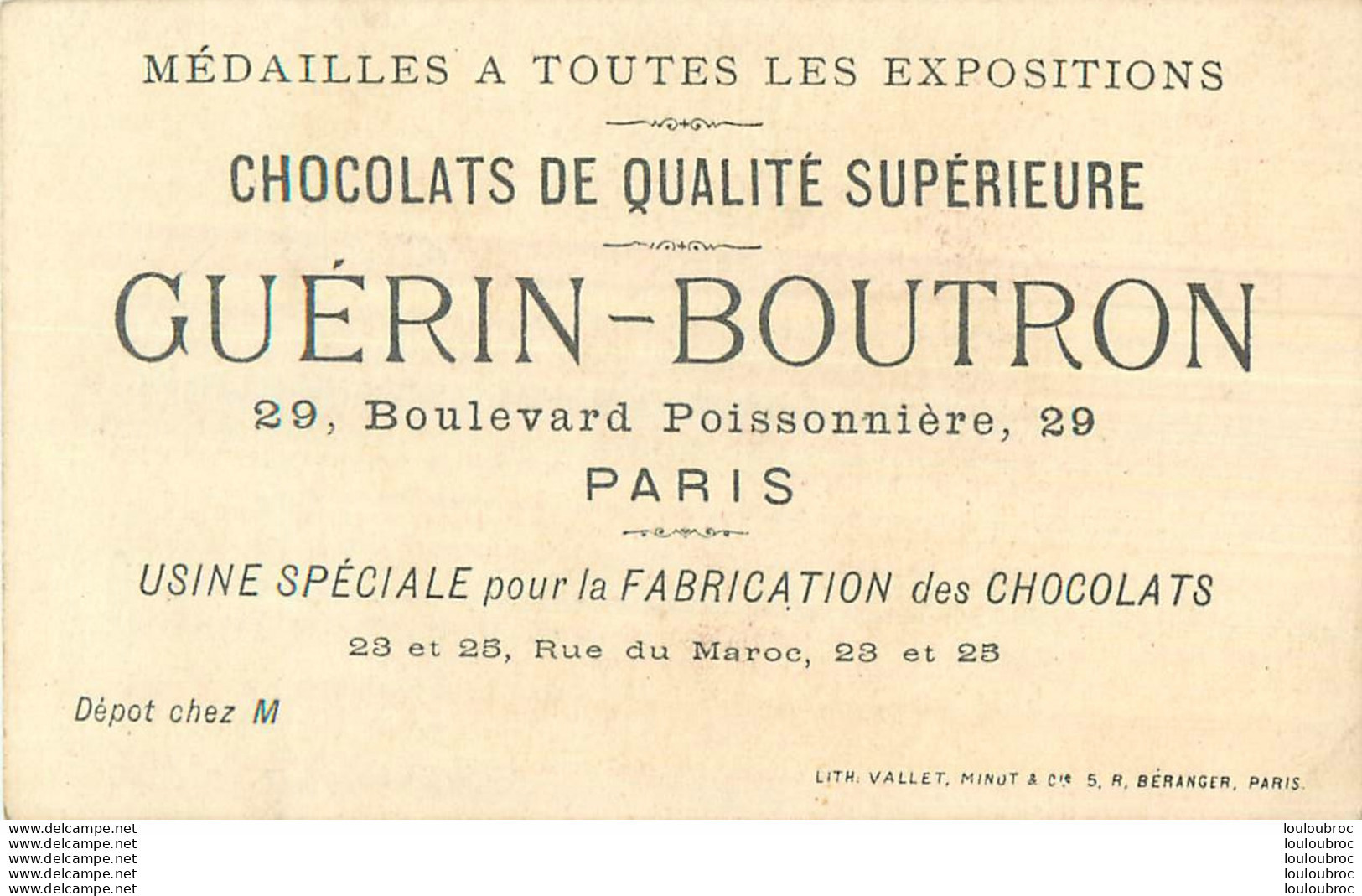 CHROMO DOREE CHOCOLATS GUERIN BOUTRON LITH VALLET MINOT AH LA VILAINE BETE - Guérin-Boutron