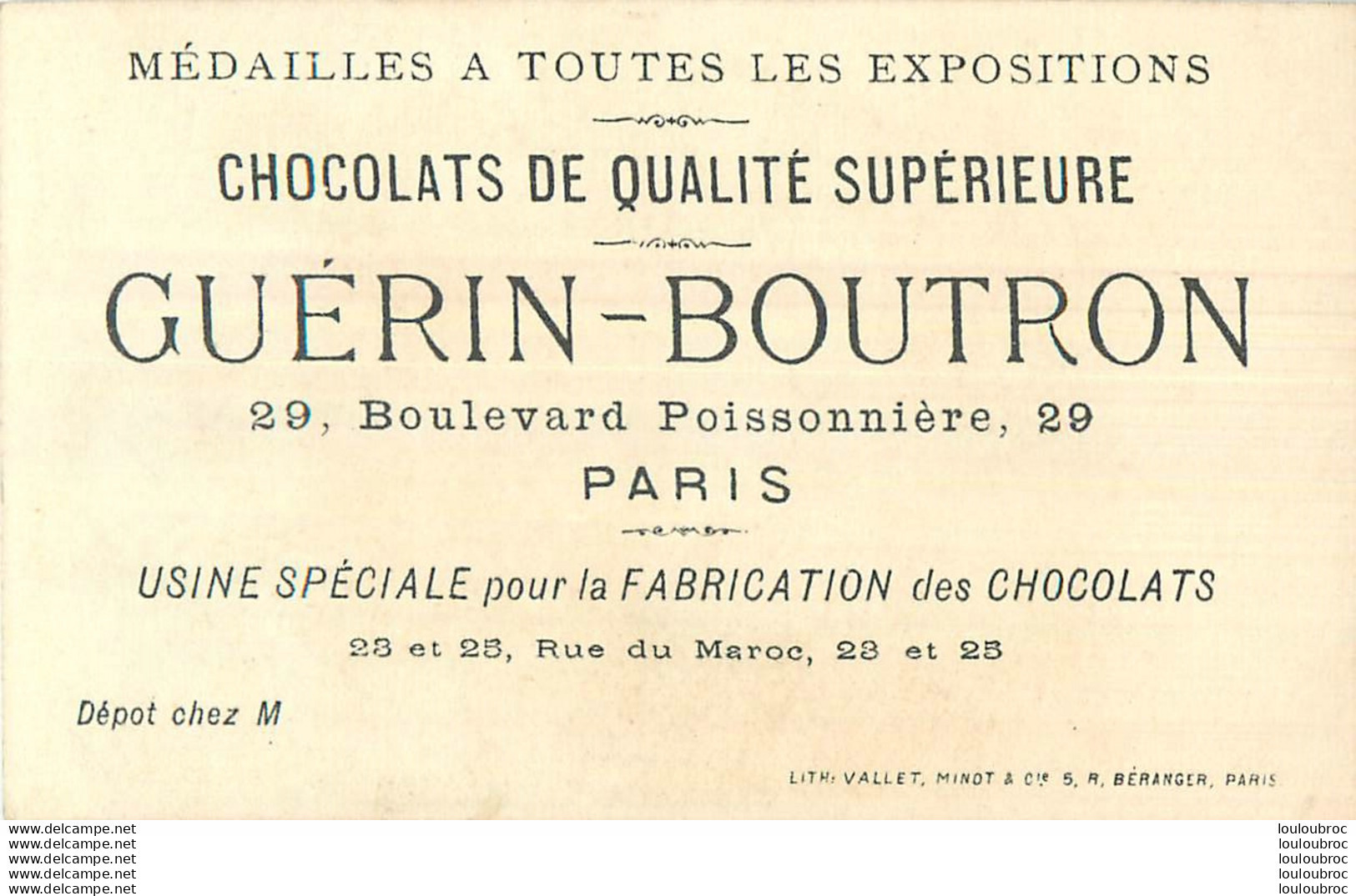 CHROMO DOREE CHOCOLATS GUERIN BOUTRON LITH VALLET MINOT  J'AI AVALE UNE ARETE - Guérin-Boutron