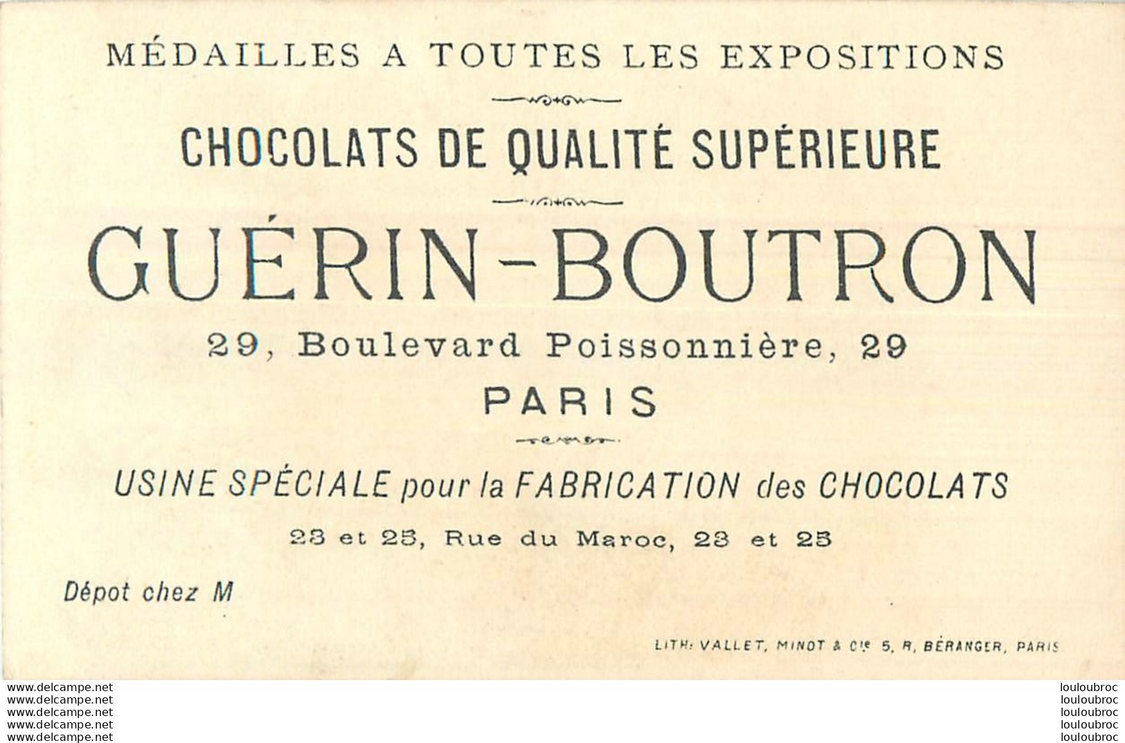 CHROMO DOREE CHOCOLATS GUERIN BOUTRON LITH VALLET MINOT  J'AI AVALE UNE ARETE - Guerin Boutron