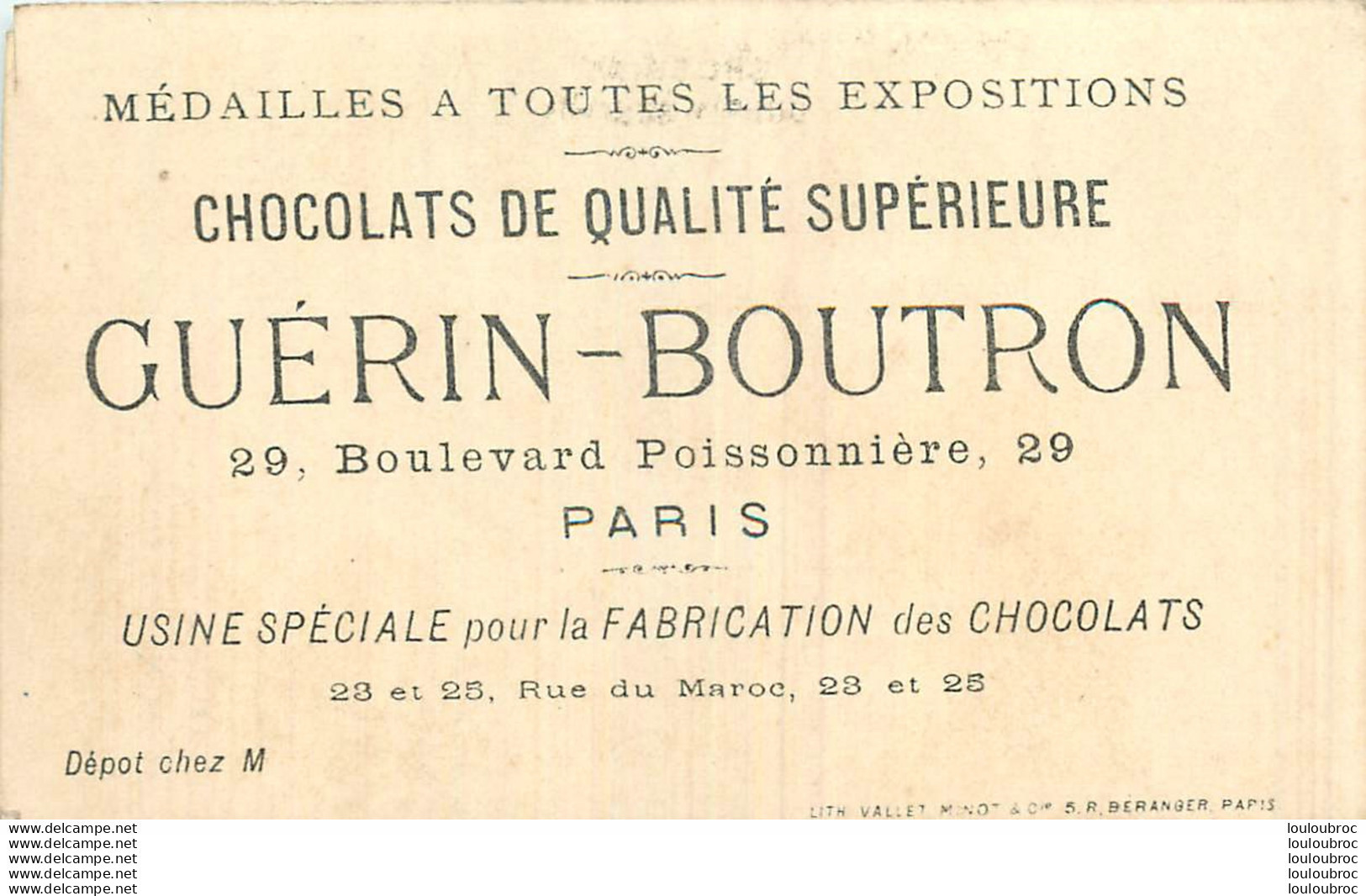 CHROMO DOREE CHOCOLATS GUERIN BOUTRON LITH VALLET MINOT LA  CULBUTE - Guérin-Boutron