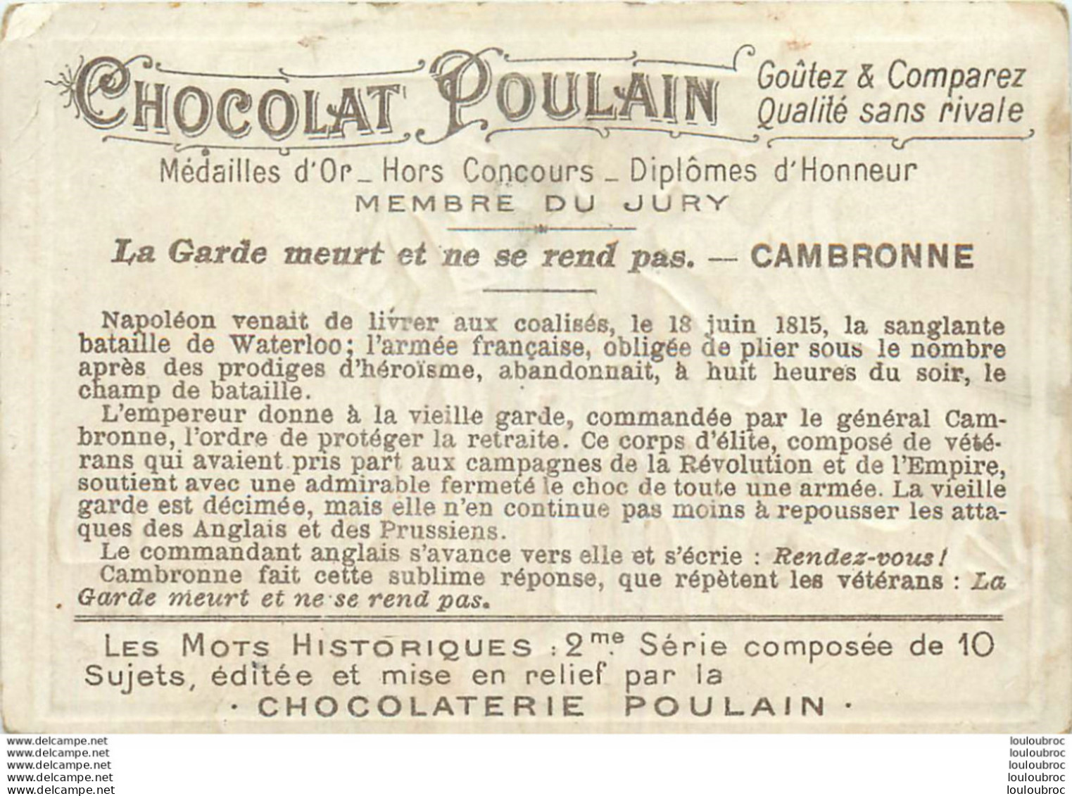 CHROMO CHOCOLAT POULAIN LA GARDE MEURT ET NE SE REND PAS - Poulain