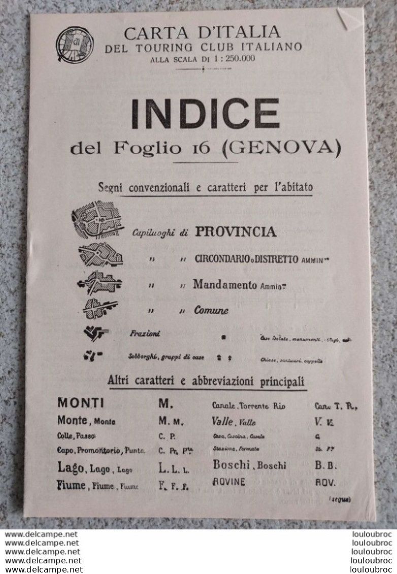 CARTA D'ITALIA DEL TOURING CLUB ITALIANO FOGLI 16 GENOVA R1 - Geographische Kaarten