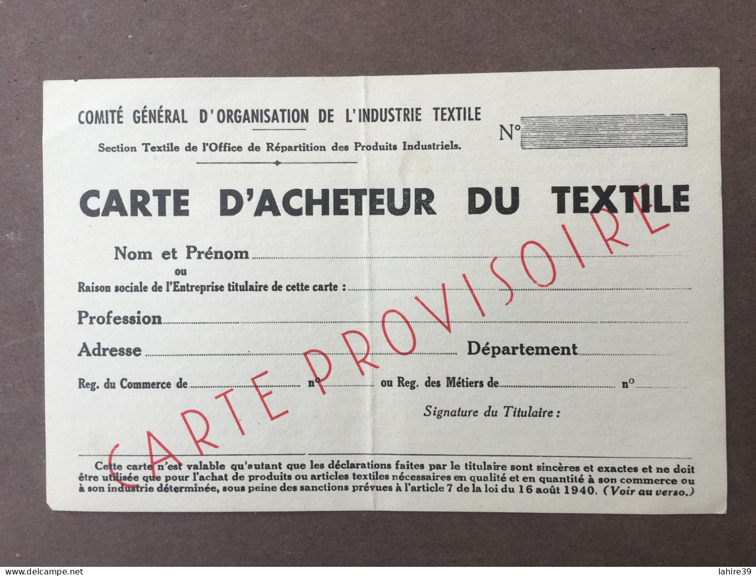 Ancienne Carte Vierge / Carte Provisoire / Acheteur Du Textile / Commerce - Lidmaatschapskaarten