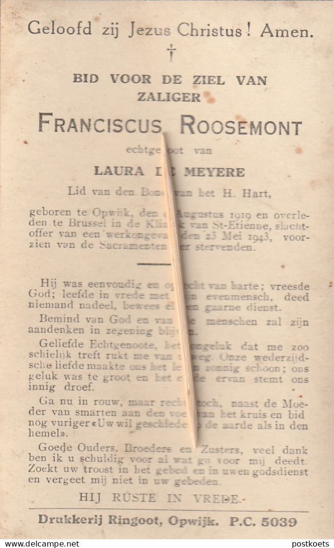 Opwijk, Brussel, 1943; Franciscus Roosemont, De Meyere - Imágenes Religiosas