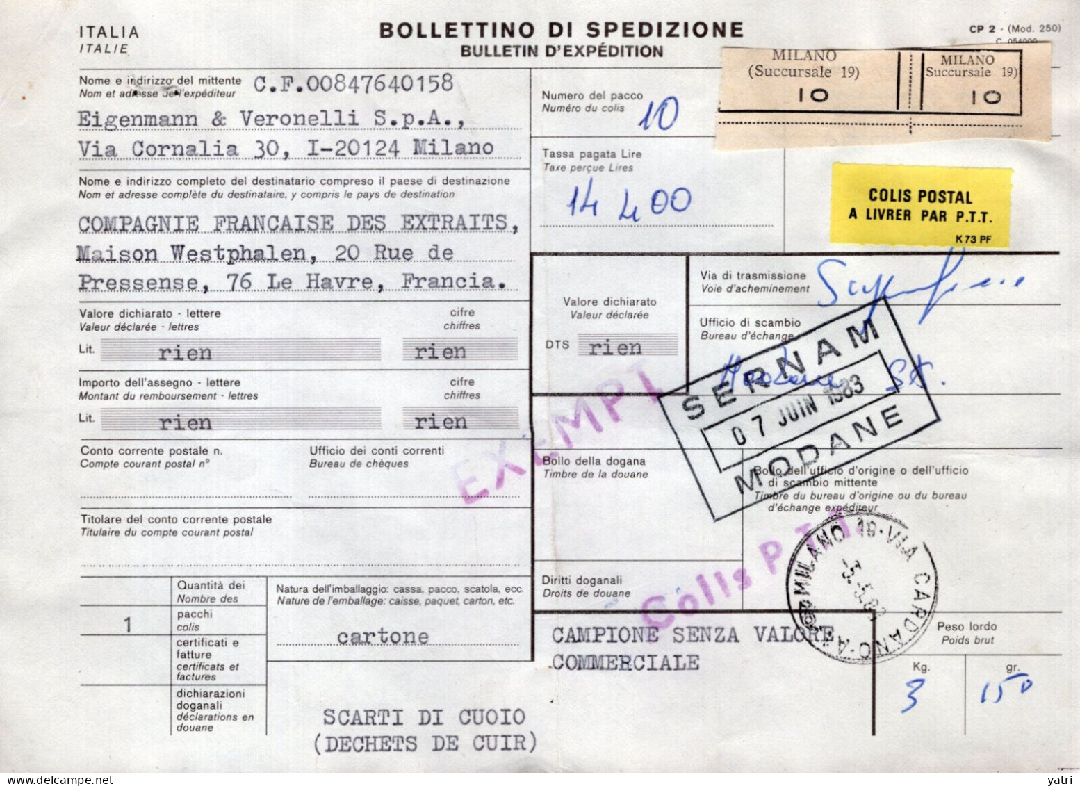 Italia (1983) - Campione Senza Valore Per La Francia, Spedito Come Pacco Postale - 1981-90: Marcofilie