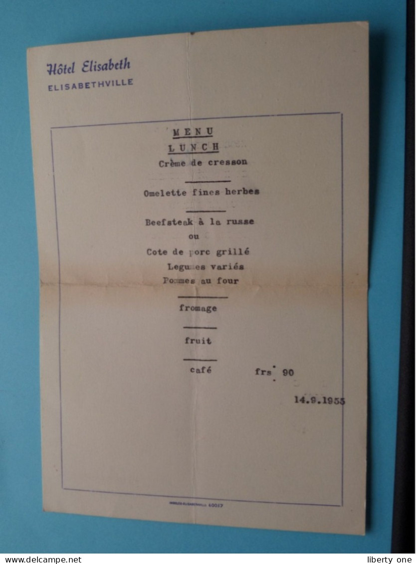 Hôtel ELISABETH > ELISABETHVILLE > KATANGA > BELGISCH CONGO > 14/9/1955 ( Zie/Voir ++ Scans ) Menu + Etiket ! - Menükarten