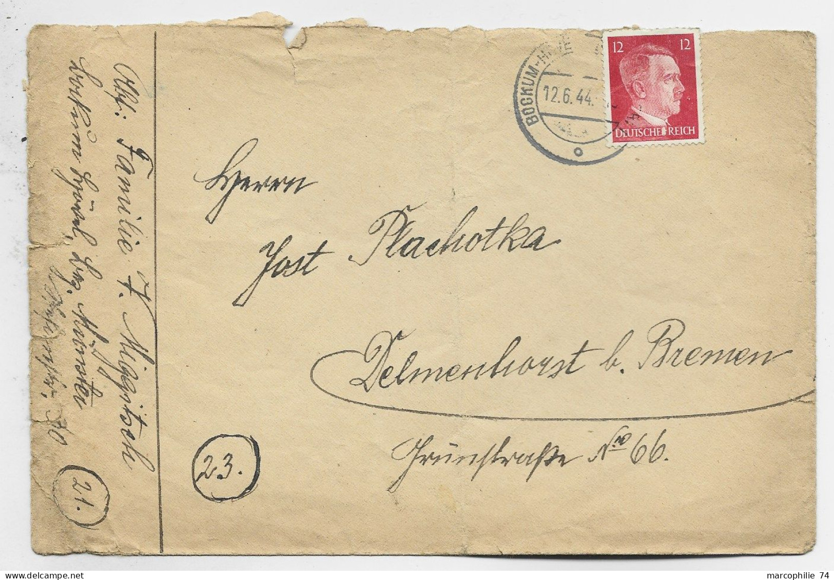 GERMANY HITLER 12C SOLO LETTRE BRIEF BOCHUM 12.6.1944 TO BREMEN - Covers & Documents