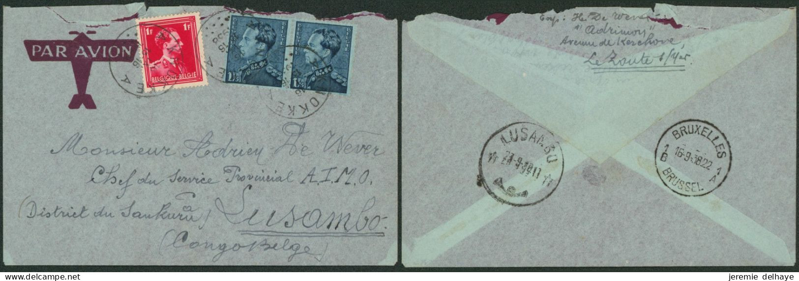 N°428 Et 430 X2 Sur Lettre Par Avion De Knokke (1938) > District Du Sankuru, Lusambo (Congo Belge). Chef De Service. - Briefe U. Dokumente