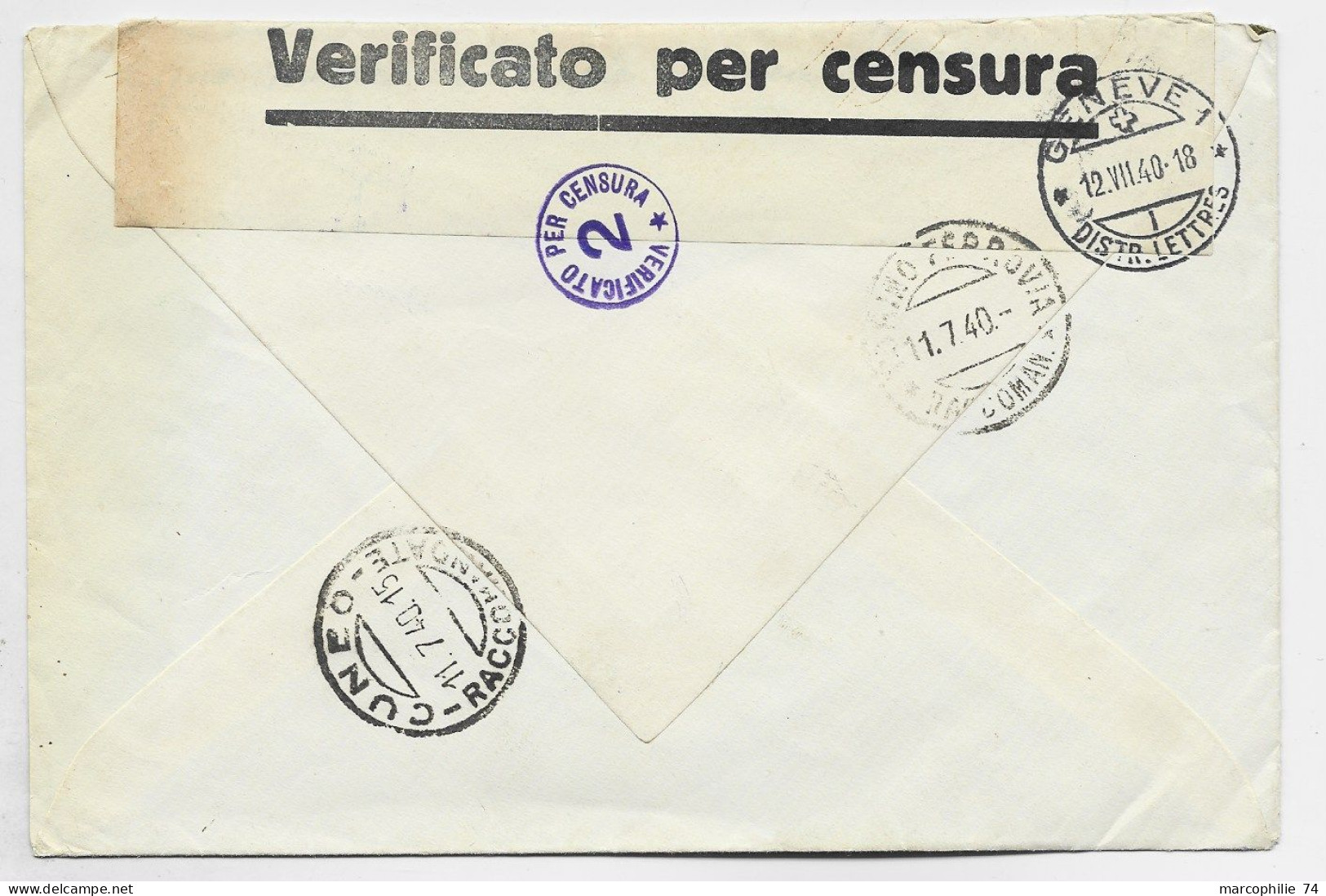 ITALIA 2L+75C LETTRE COVER LETTERA REC DRONERO 11.7.1940 CUNEO TO CROIX ROUGE GENEVE CENSURA - Marcophilie