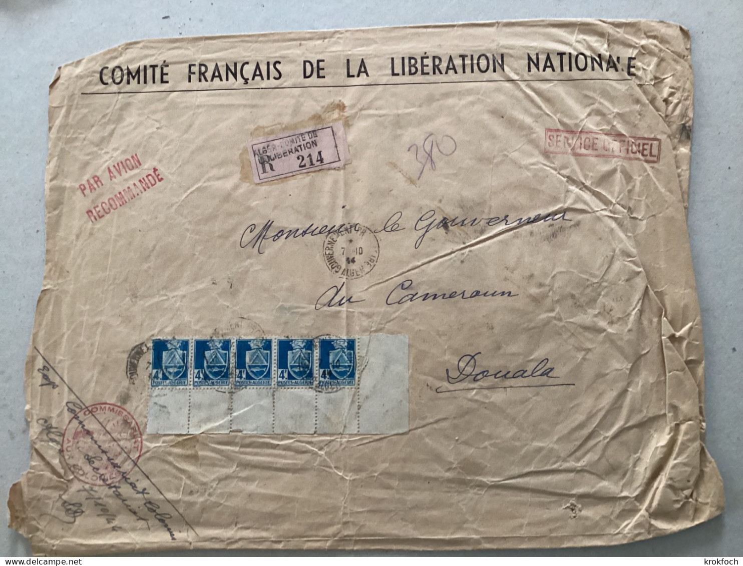 Alger Comité De La Libération (griffe Recommandée) + Càd Gouvernement Provisoire & Com. Aux Colonies Pr Douala - WW II