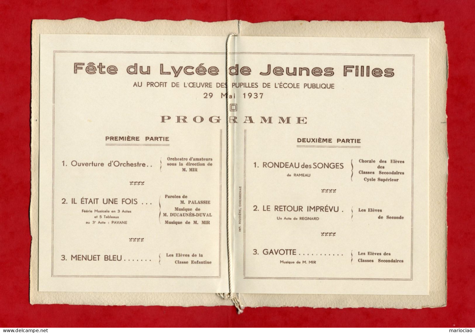 DV-FR Fête Du Lycée De Jeunes Filles CARCASSONNE 1937 Peint à La Main - Programme