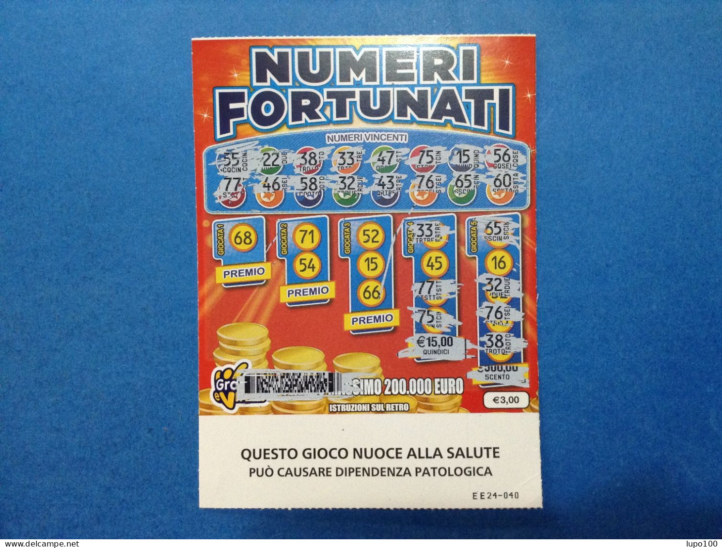 Lotteria Gratta E Vinci Numeri Fortunati Lotto 3049 Sigla EE Variante FSC Cartone A Sostegno Della Gestione Forestale - Loterijbiljetten