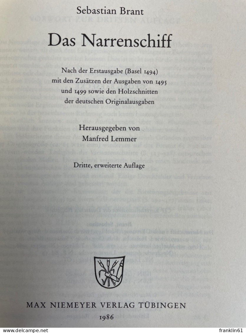 Das Narrenschiff : Nach Der Erstausgabe (Basel 1494) Mit Den Zusätzen Der Ausgaben Von 1495 Und 1499 Sowie De - Sonstige & Ohne Zuordnung