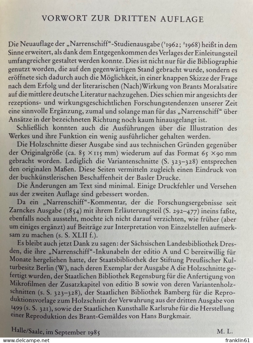 Das Narrenschiff : Nach Der Erstausgabe (Basel 1494) Mit Den Zusätzen Der Ausgaben Von 1495 Und 1499 Sowie De - Autres & Non Classés