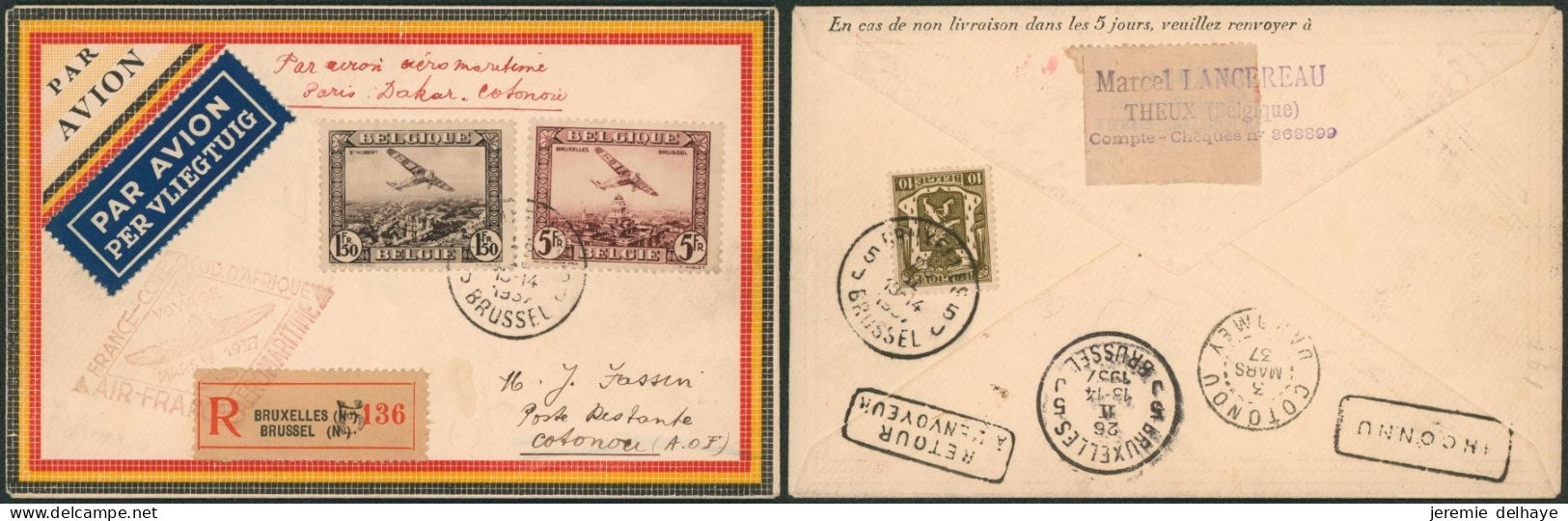 PA2 Et PA4 Sur Lettre Par Avion Aéromaritime En Recommandé De Bruxelles > Poste Restante à Cotonou (A.O.F.) - Lettres & Documents