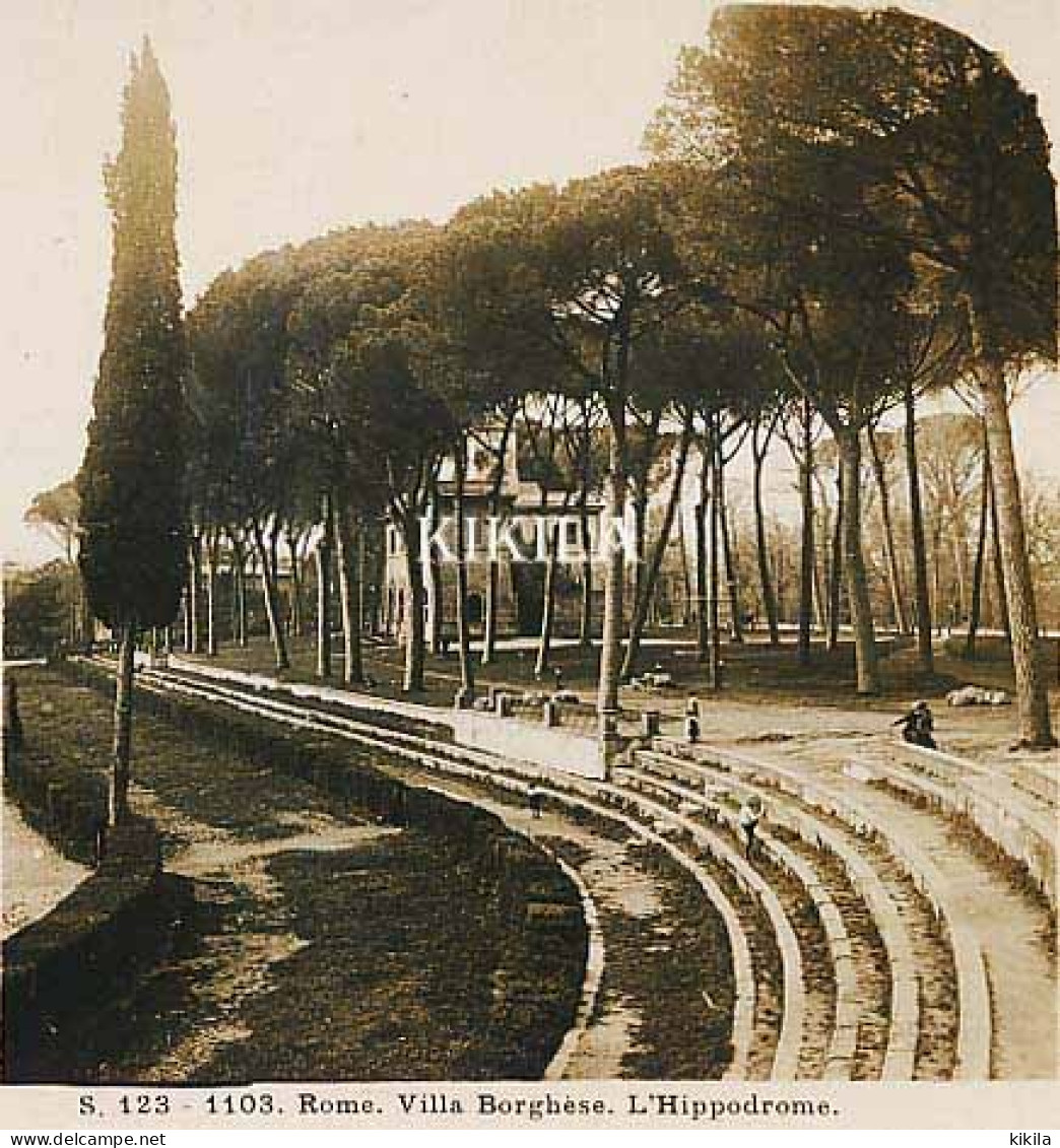 Photo Stéréoscopique 7,2x7,5cm Carte 17,2x8,9cm Vues D'Italie S. 123 - 1103 ROME. Villa Borghese. L'Hippodrome* - Fotos Estereoscópicas