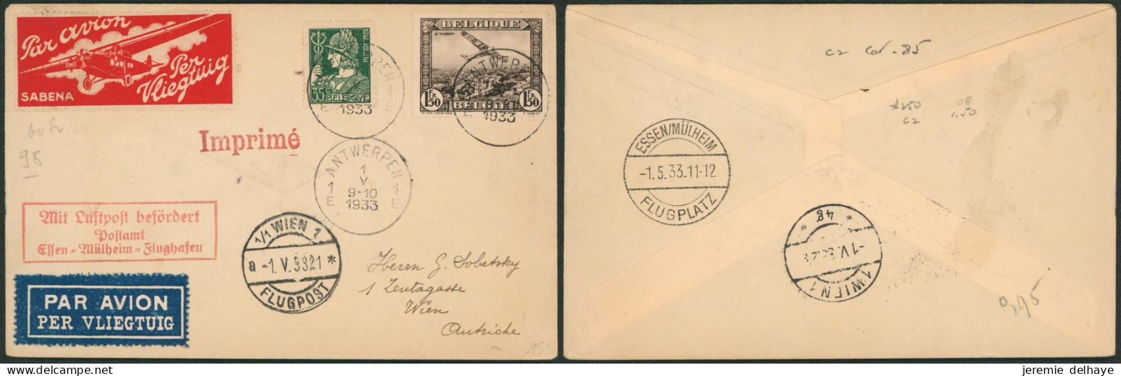 PA2 + N°340 Sur Lettre Par Avion De Antwerpen (1933) + Vignette SABENA > Wien (Autriche) / Tarif Imprimé - Briefe U. Dokumente