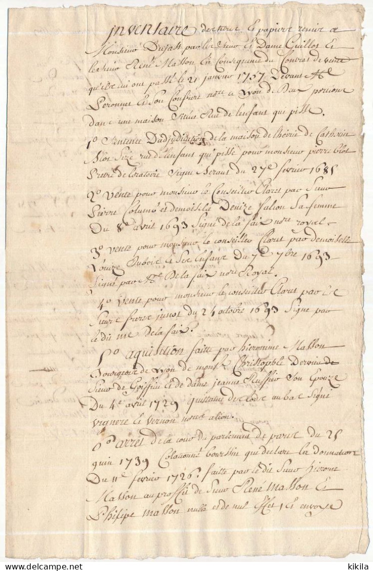 Inventaire Des Titres Et Papiers.. Contrat De Vente Du 21 Janvier 1757...maison Située Rue De L'Enfant Qui Pisse ...LYON - Zonder Classificatie