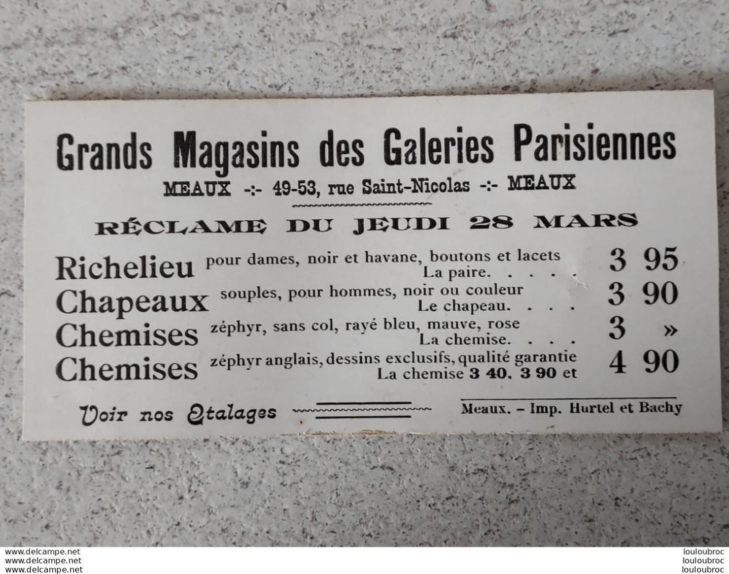 MEAUX  CARTON PUBLICITAIRE GRANDS MAGASINS DES GALERIES PARISIENNES  RUE SAINT NICOLAS  FORMAT 13X6.50 CM R2 - Meaux