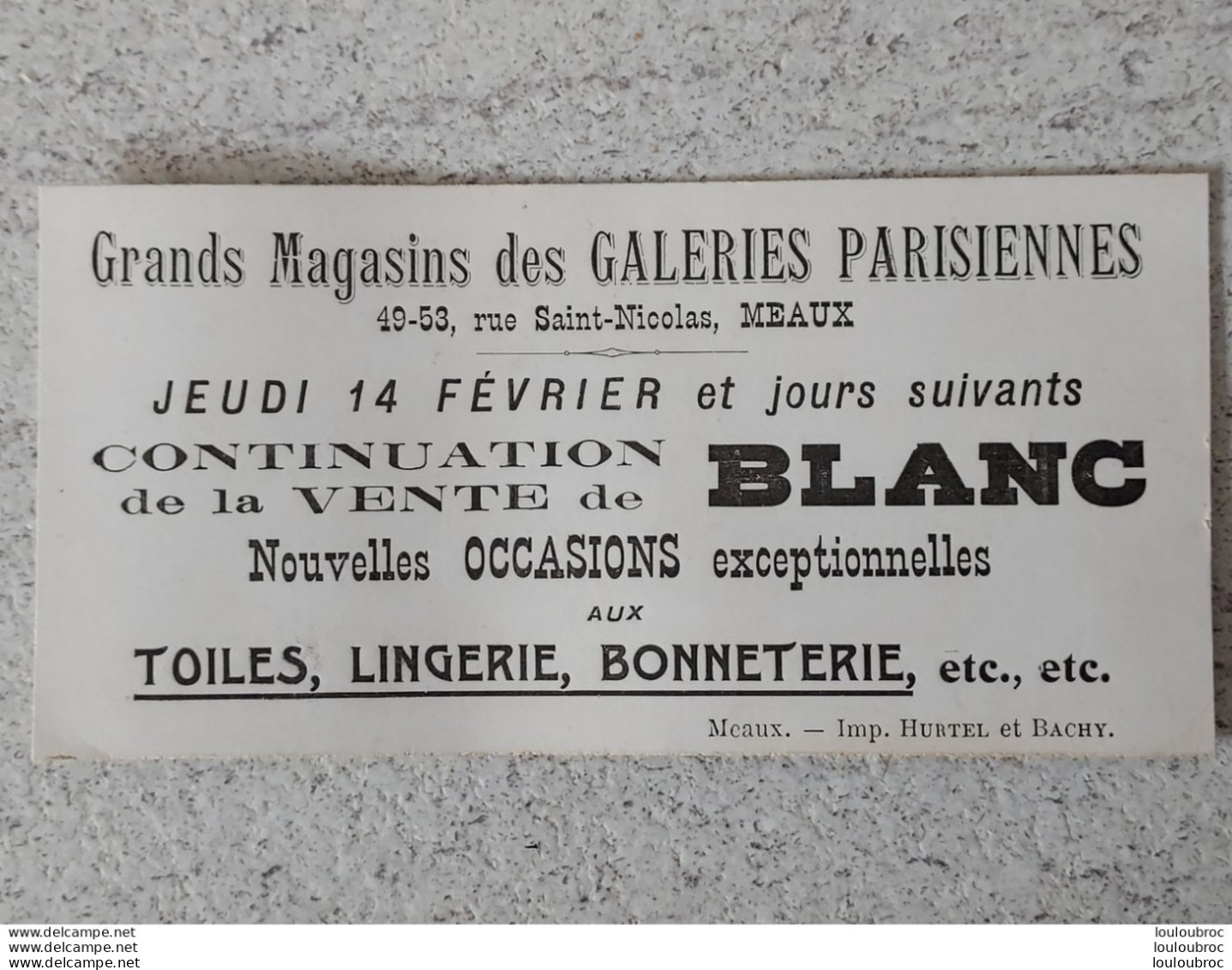 MEAUX  CARTON PUBLICITAIRE GRANDS MAGASINS DES GALERIES PARISIENNES  RUE SAINT NICOLAS  FORMAT 13X6.50 CM - Meaux