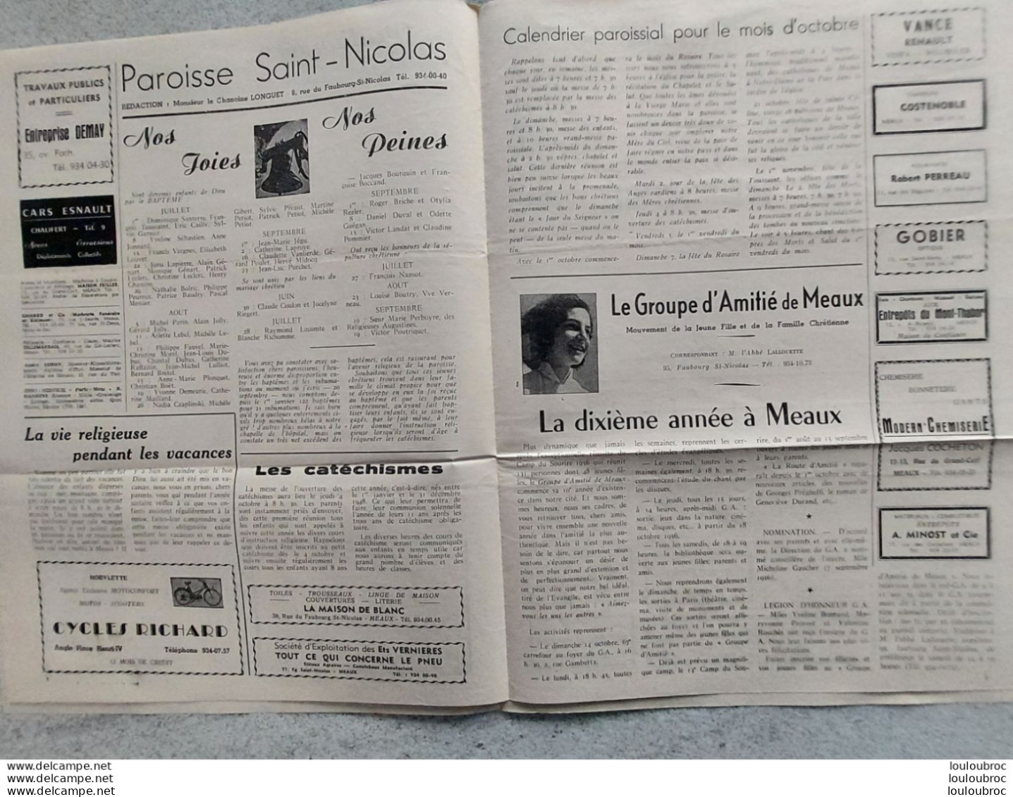 VILLE DE MEAUX BULLETIN INTERPAROISSIAL DE MEAUX MENSUEL 10/1956 COMPORTANT 8 PAGES - 1950 - Oggi