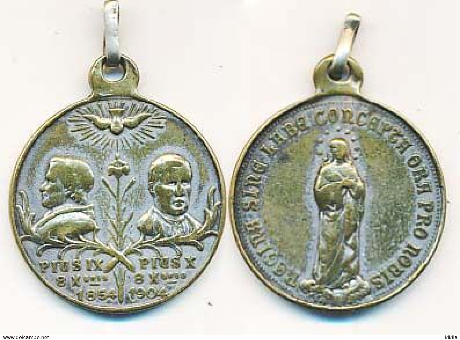 Médaille Métallique Diamètre 32mm Pie IX Et Pie X 1854 - 1904   Regina Sine Labe Concepta Ora Pro Nobis  Vierge - Andere & Zonder Classificatie