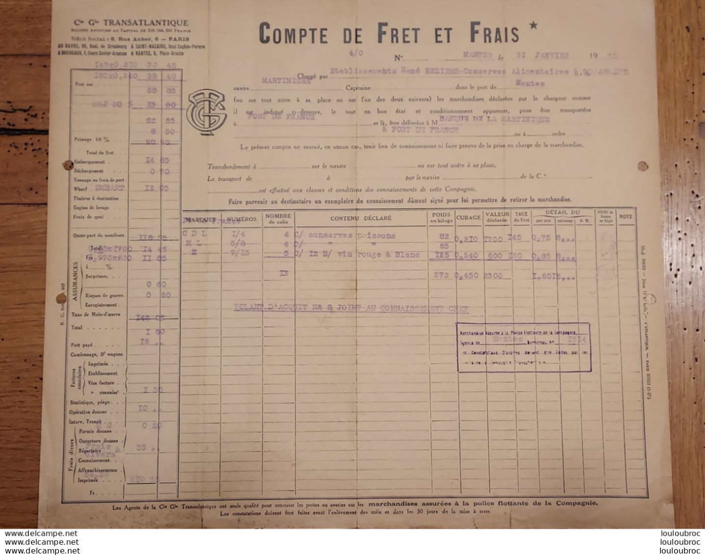 COMPTE DE FRET ET FRAIS CIE GENERALE TRANSATLANTIQUE NANTES 1938  TRANSPORT NANTES VERS FORT DE FRANCE - 1900 – 1949