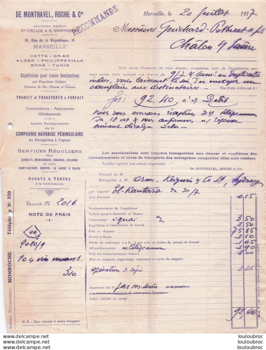 MARSEILLE 07/1917 DE MONTRAVEL ROCH EXPEDITIONS MARITIMES  POUR TOUTES DESTINATIONS  CETTE ORAN ALGER BONE TUNIS R1 - 1900 – 1949