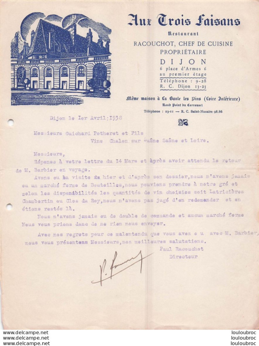 DIJON 1938  AUX TROIS FAISANS RESTAURANT RACOUCHOT CHEF DE CUISINE - 1900 – 1949