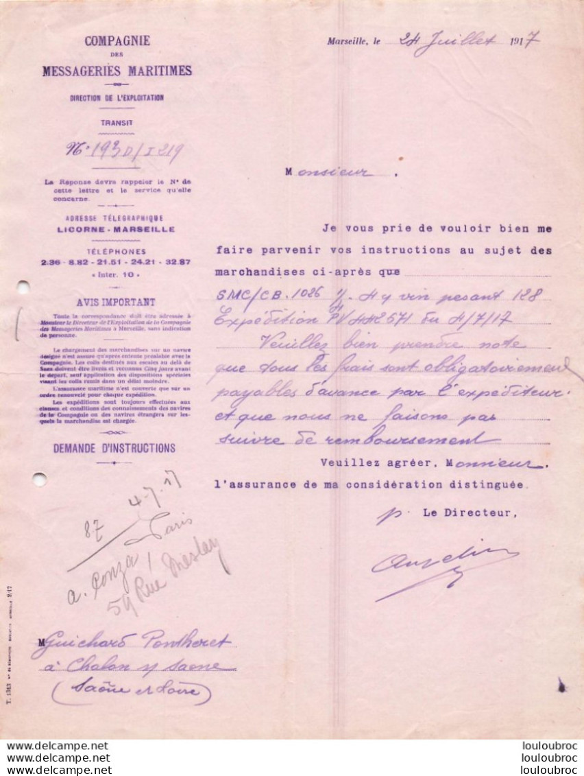 MARSEILLE 07/1917 COMPAGNIE DES MESSAGEIRES MARITIMES - 1900 – 1949
