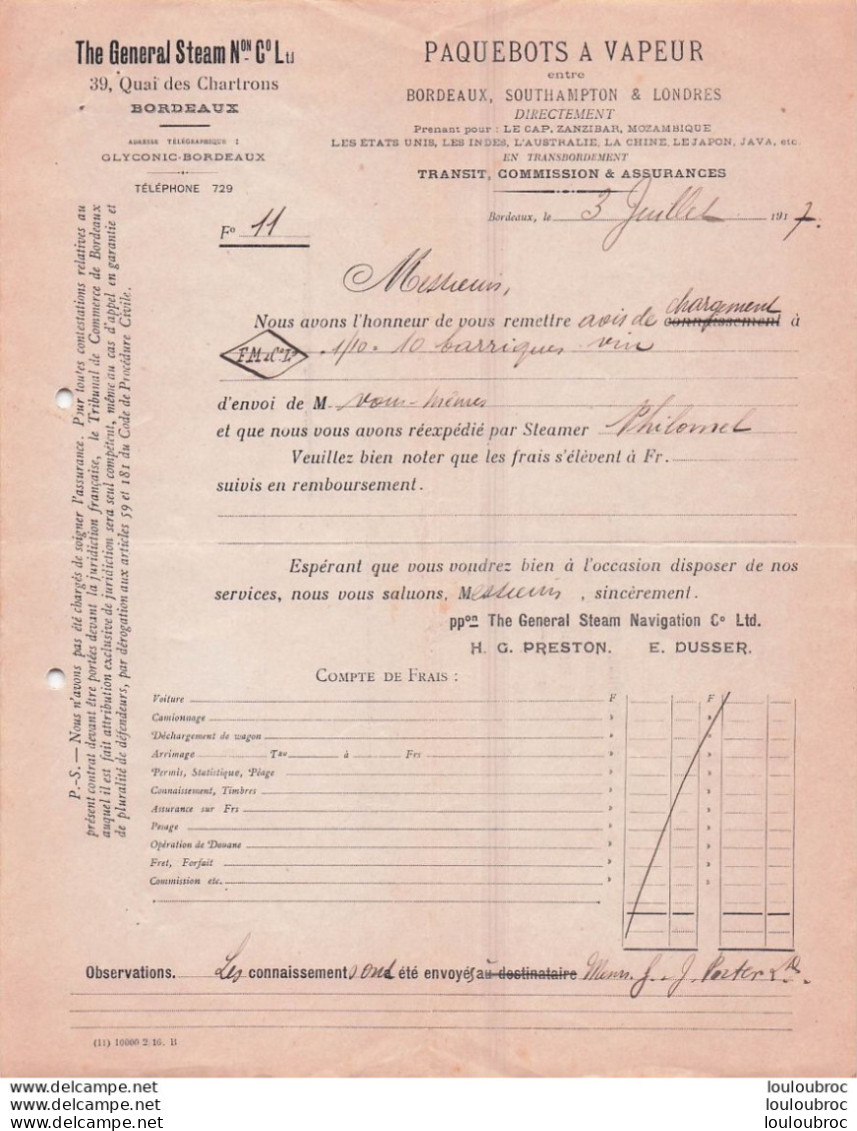 BORDEAUX 1917 PAQUEBOTS A VAPEUR THE GENERAL STEAM  STEAMER - 1900 – 1949