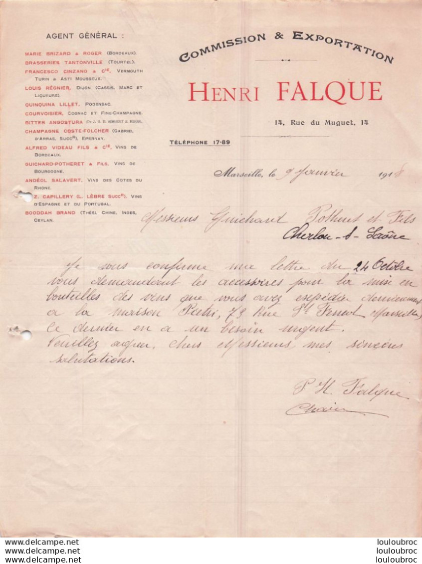 MARSEILLE 1918 HENRI FALQUE COMMISSION ET EXPORTATION R4 - 1900 – 1949