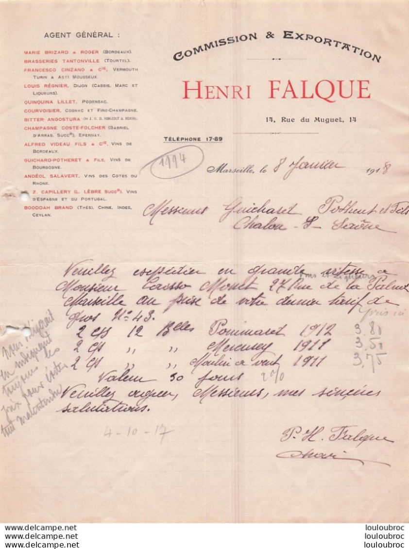 MARSEILLE 1918 HENRI FALQUE COMMISSION ET EXPORTATION R6 - 1900 – 1949