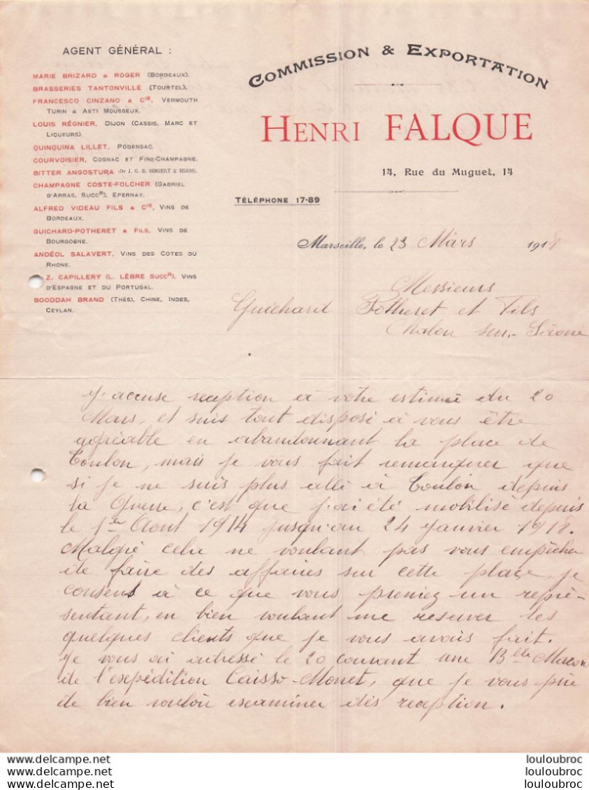 MARSEILLE 1918 HENRI FALQUE COMMISSION ET EXPORTATION R13 - 1900 – 1949