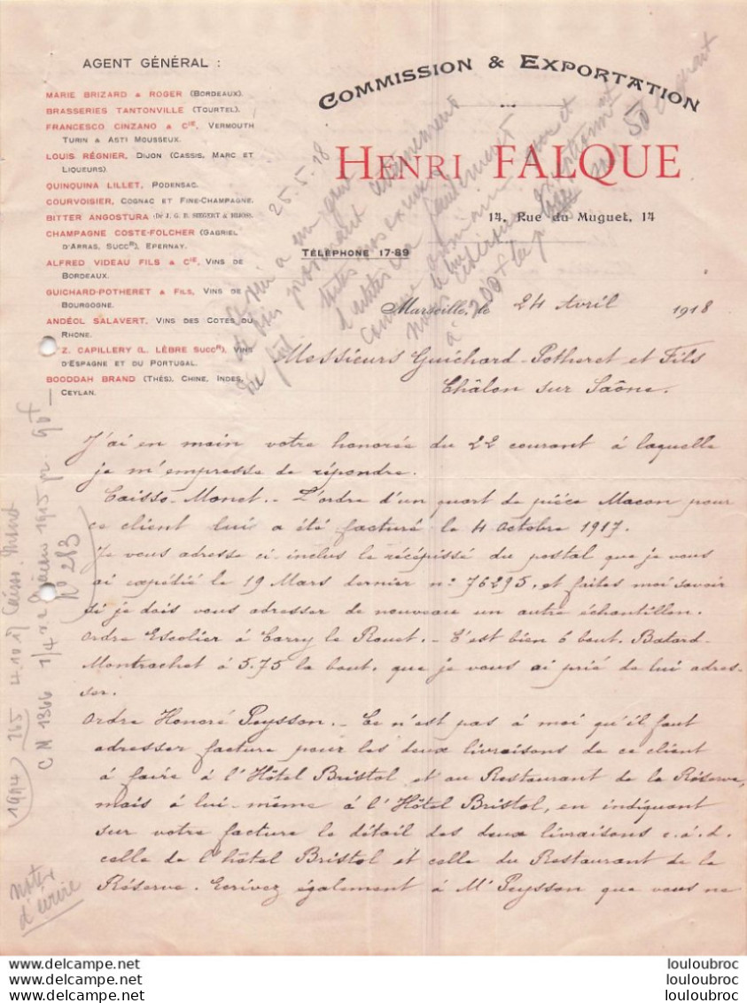 MARSEILLE 1918 HENRI FALQUE COMMISSION ET EXPORTATION R9 - 1900 – 1949
