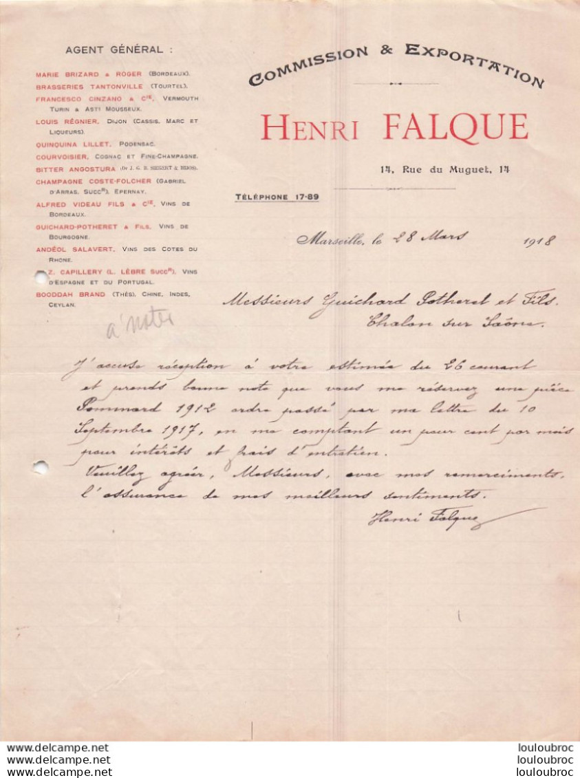 MARSEILLE 1918 HENRI FALQUE COMMISSION ET EXPORTATION R11 - 1900 – 1949