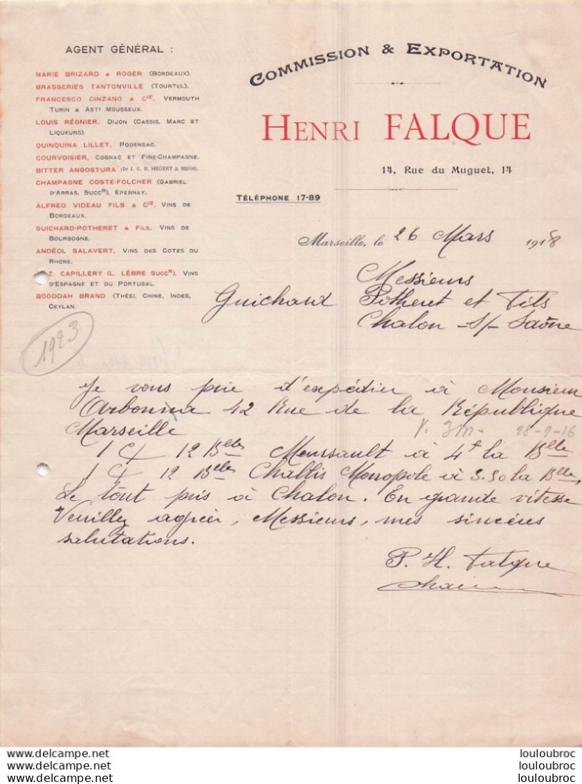 MARSEILLE 1918 HENRI FALQUE COMMISSION ET EXPORTATION R12 - 1900 – 1949